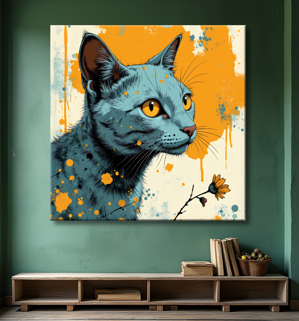 Tableau chat | Peinture expressive moderne chat avec decor