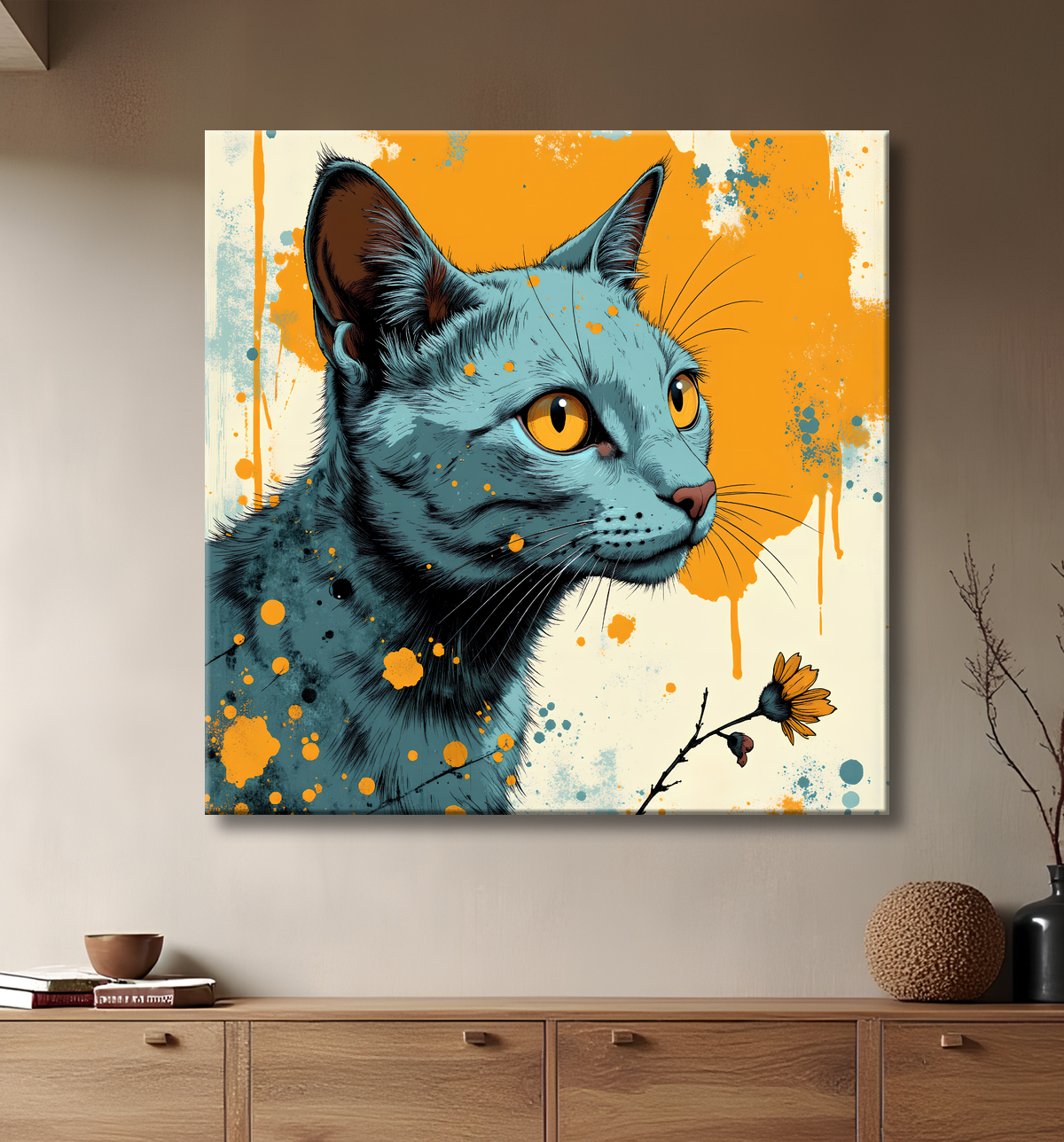 Tableau chat | Peinture expressive moderne chat avec decor