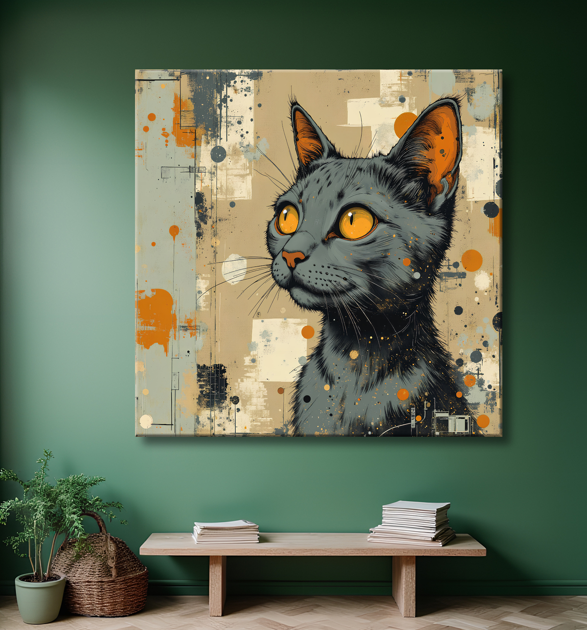 Tableau chat | Peinture expressive moderne chat avec decor