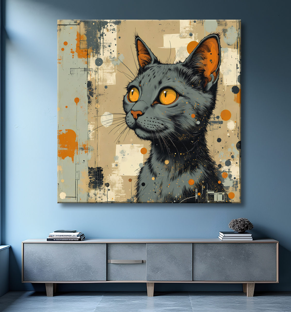 Tableau chat | Peinture expressive moderne chat avec decor