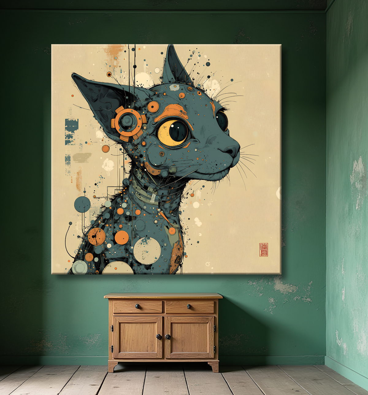 Tableau chat | Peinture expressive moderne chat avec decor