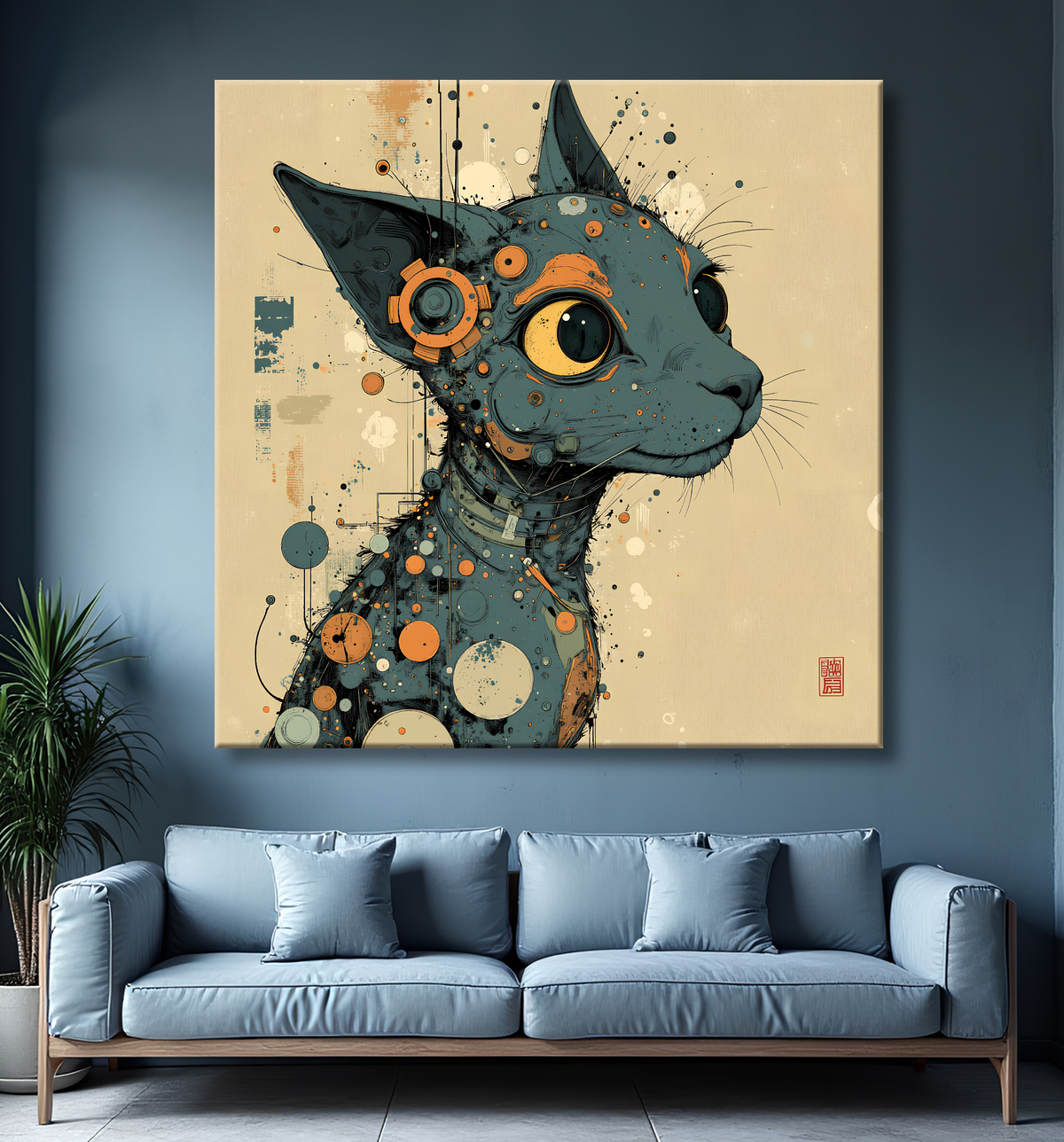 Tableau chat | Peinture expressive moderne chat avec decor