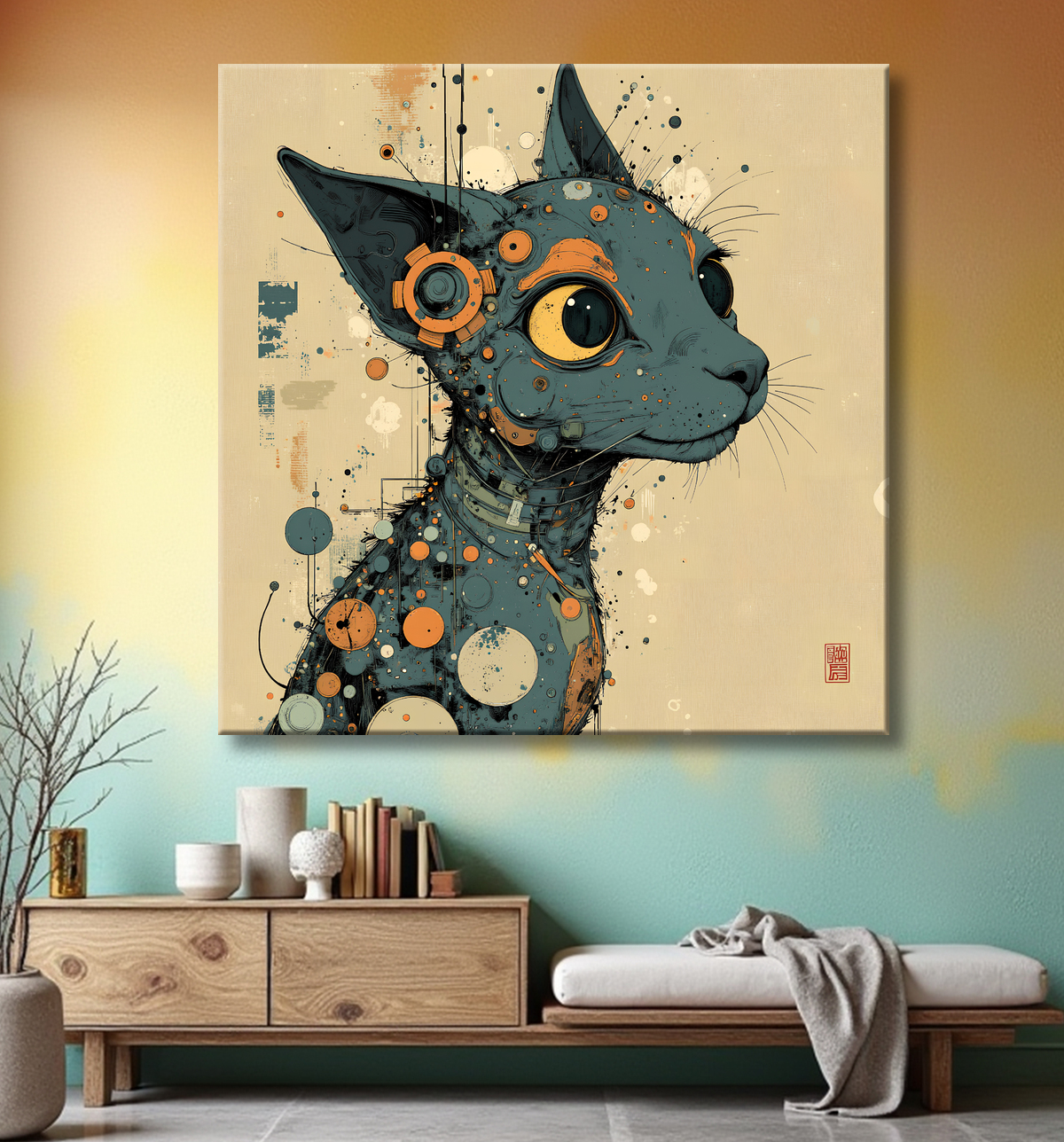 Tableau chat | Peinture expressive moderne chat avec decor