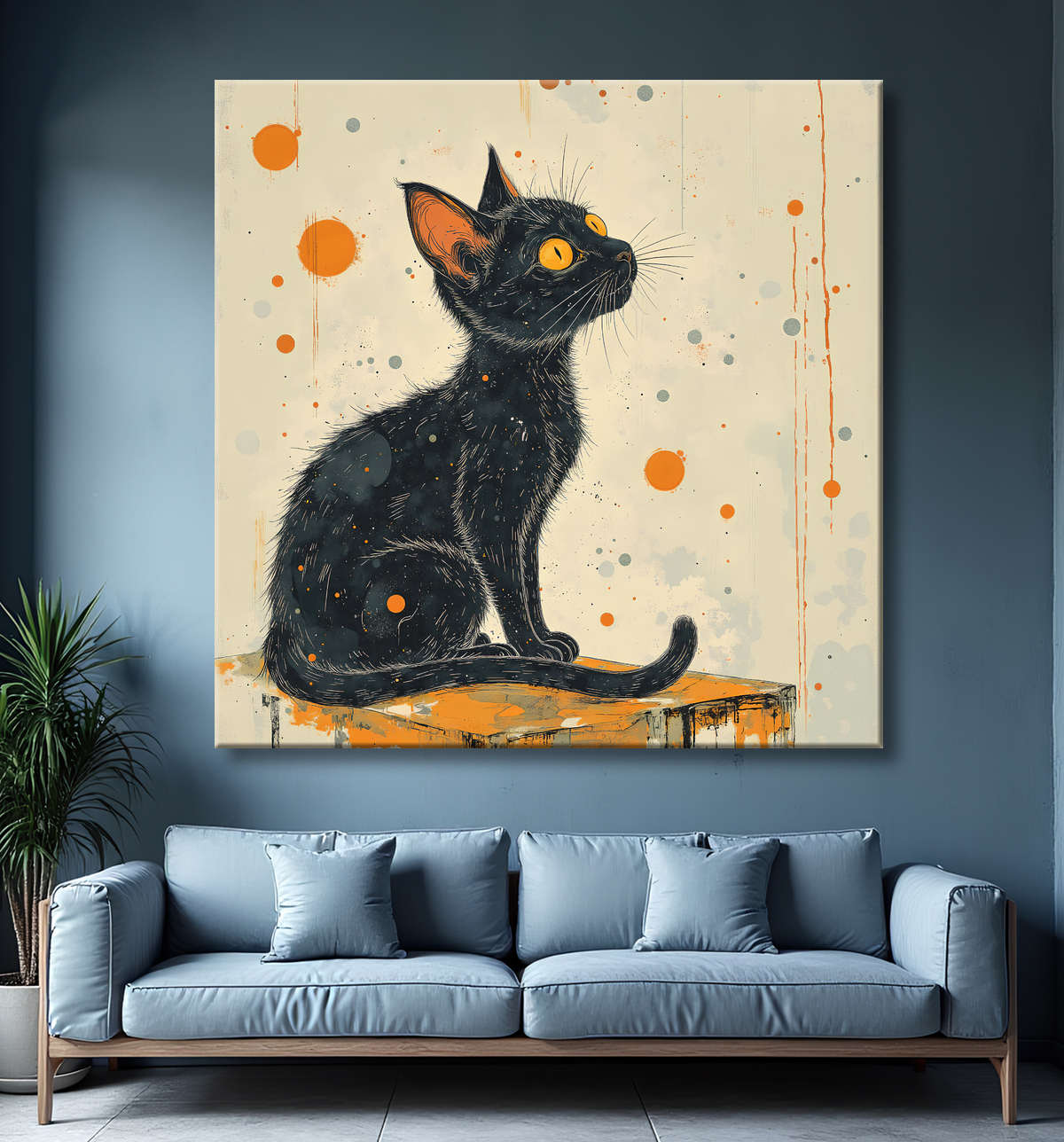 Tableau chat | Peinture expressive moderne chat avec decor