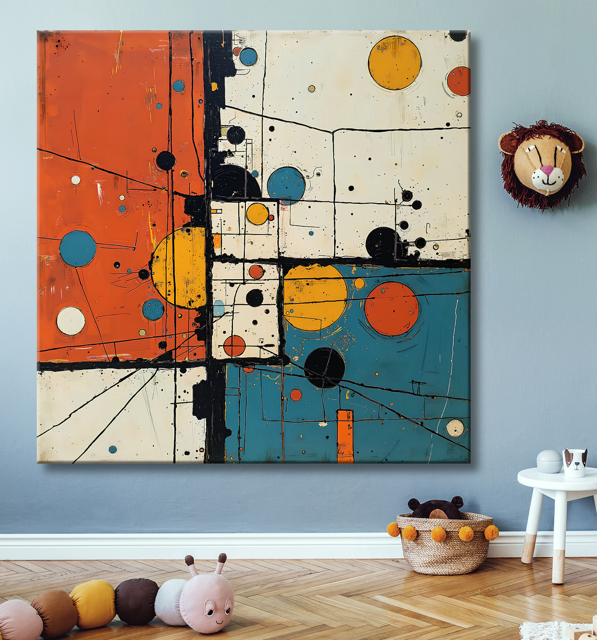 Tableau abstrait géométrique rouge, bleu, jaune et blanc avec decor