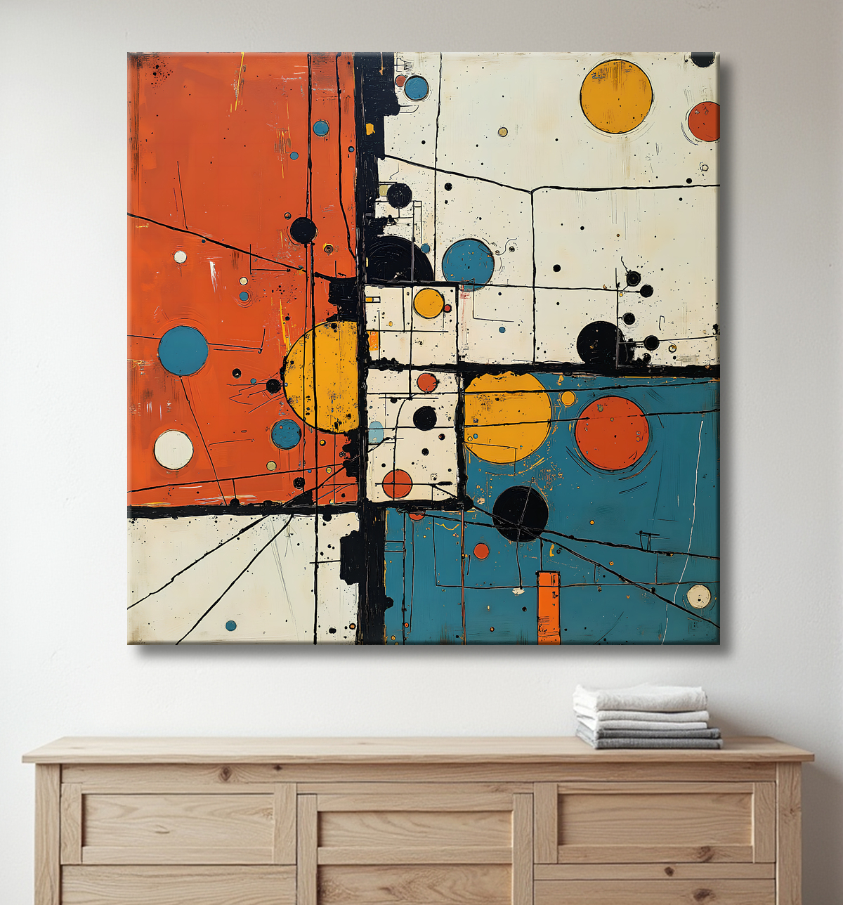 Tableau abstrait géométrique rouge, bleu, jaune et blanc avec decor