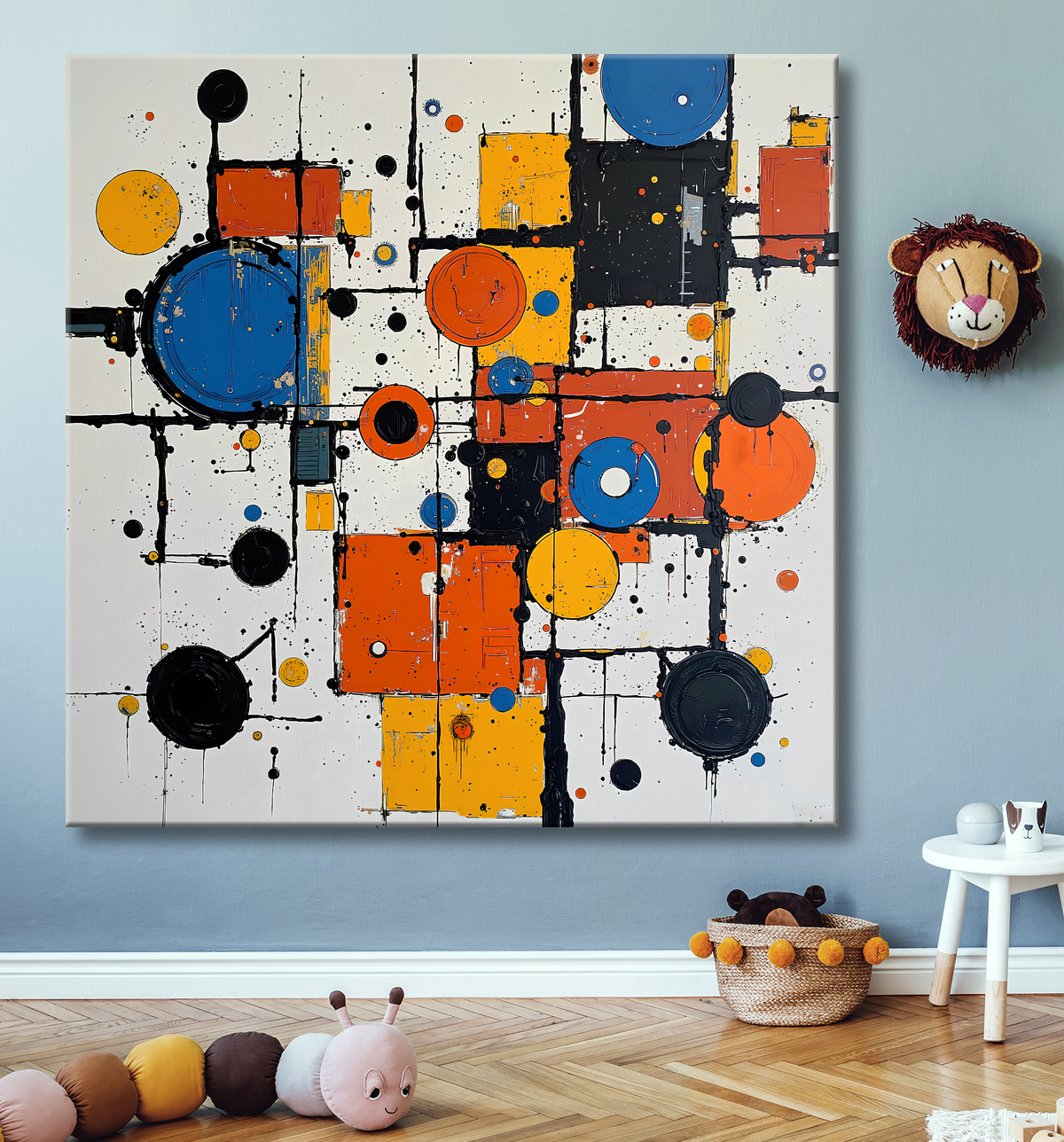 Tableau abstrait géométrique rouge, bleu, jaune et blanc avec decor