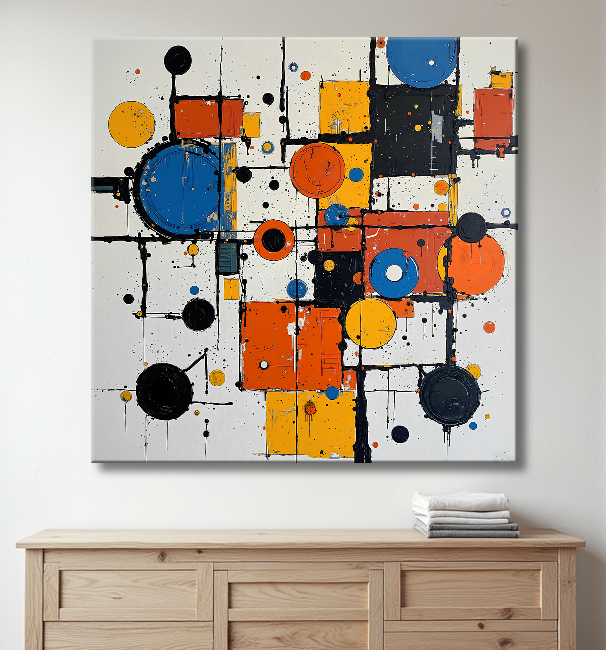 Tableau abstrait géométrique rouge, bleu, jaune et blanc avec decor