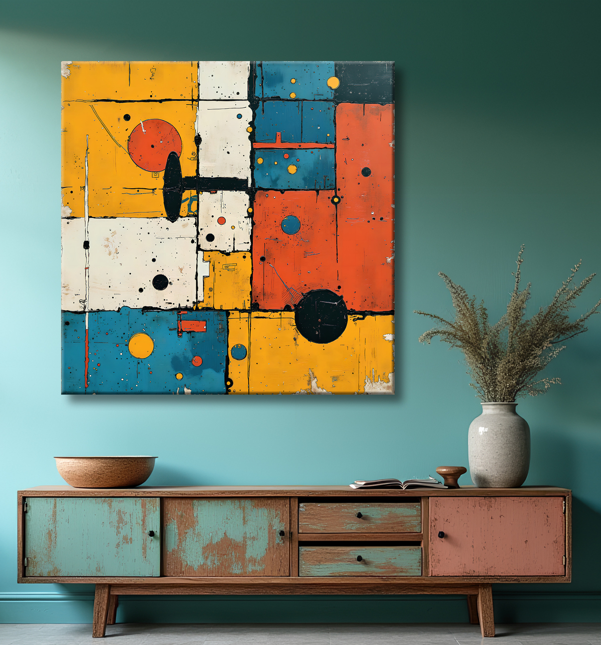 Tableau abstrait géométrique rouge, bleu, jaune et blanc avec decor