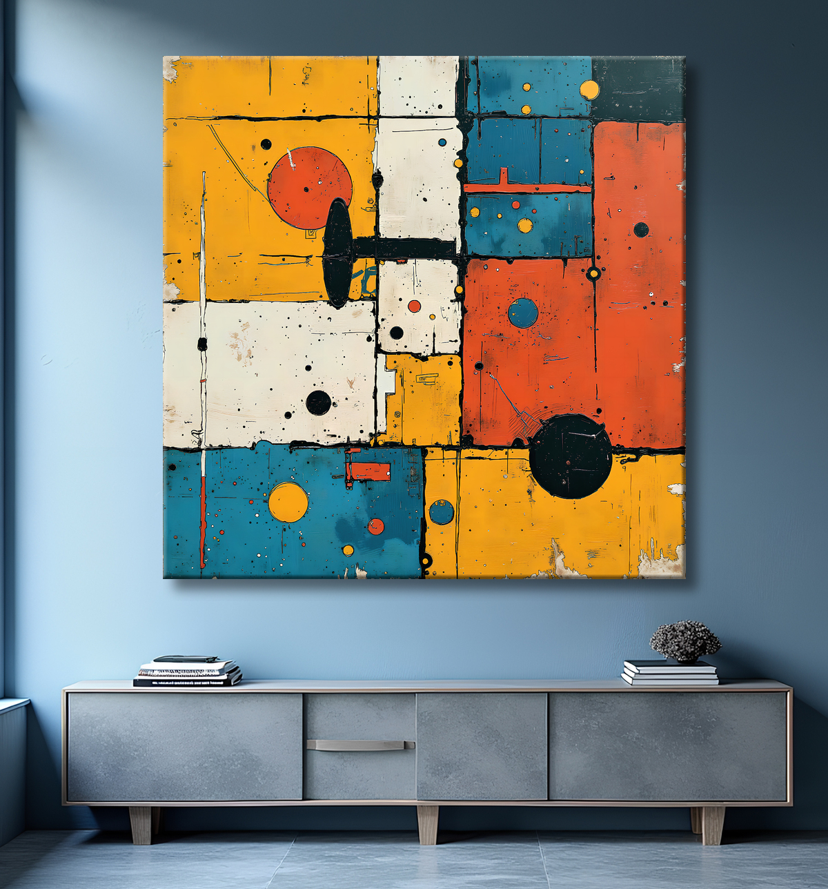 Tableau abstrait géométrique rouge, bleu, jaune et blanc avec decor