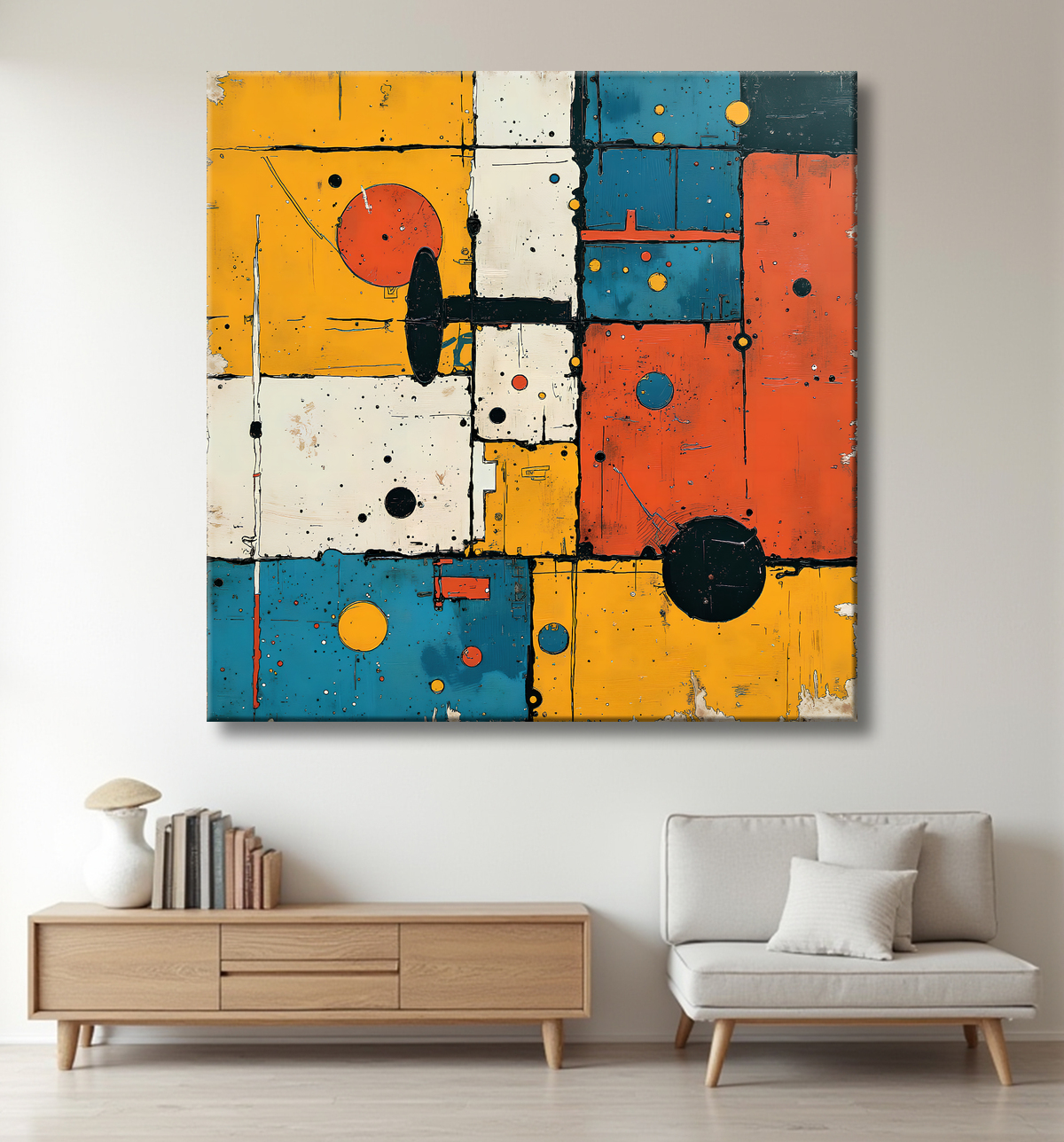 Tableau abstrait géométrique rouge, bleu, jaune et blanc avec decor