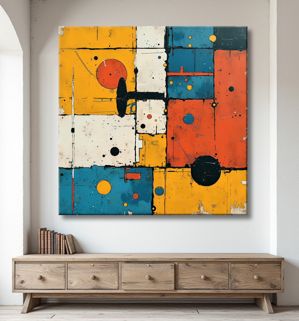 Tableau abstrait géométrique rouge, bleu, jaune et blanc avec decor