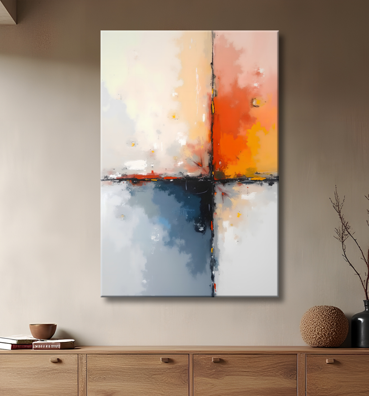 Tableau abstrait géométrique minimaliste aux teintes claires avec decor