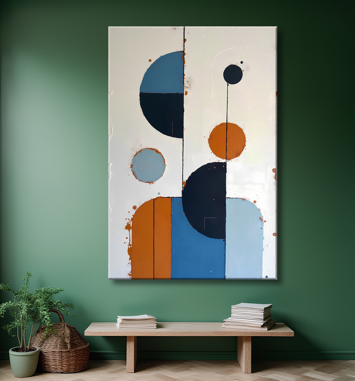 Tableau abstrait géométrique minimaliste aux teintes claires avec decor