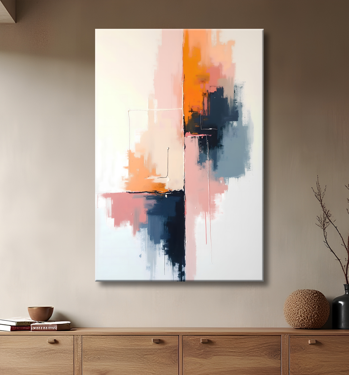Tableau abstrait géométrique minimaliste aux teintes claires avec decor