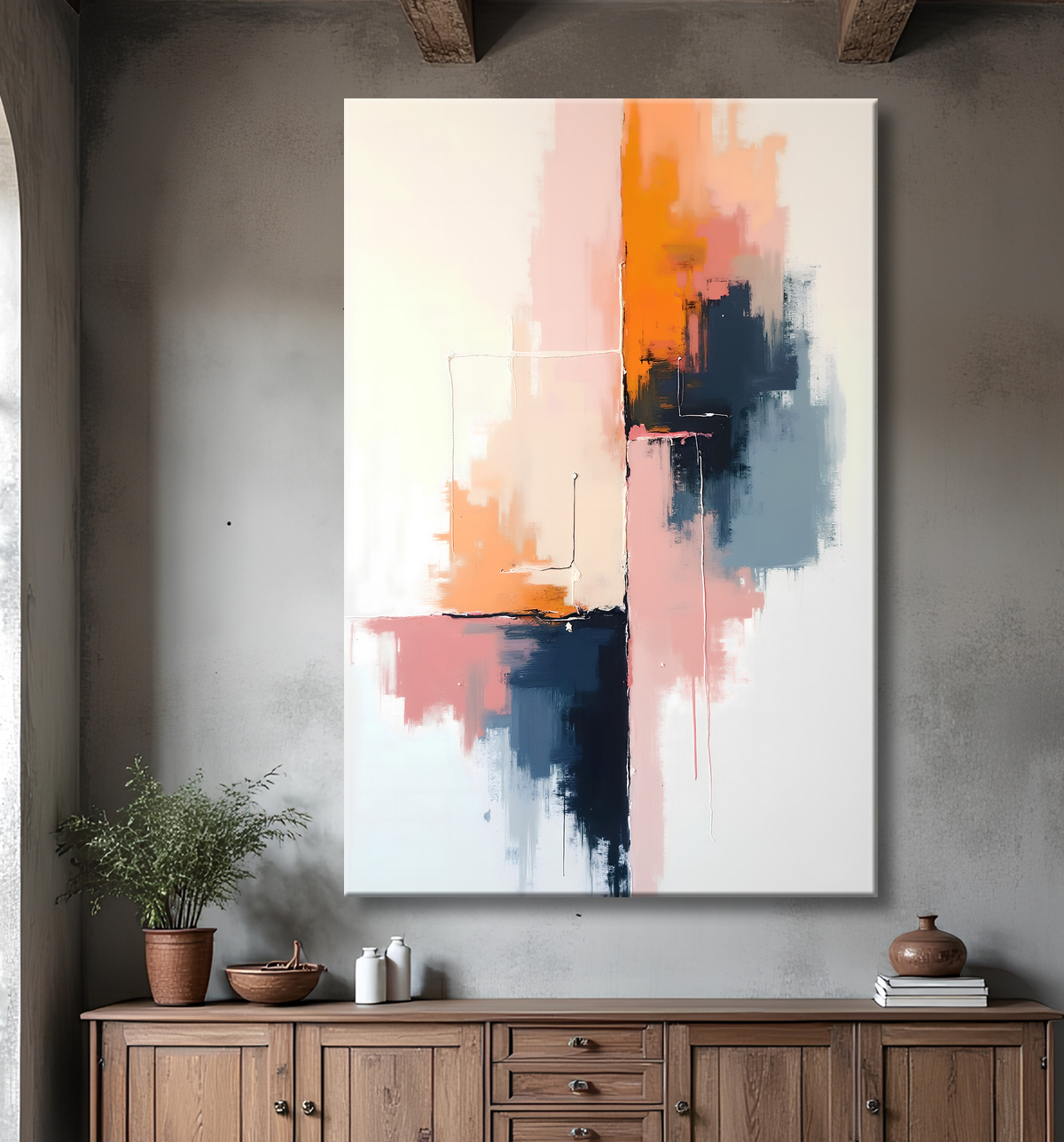 Tableau abstrait géométrique minimaliste aux teintes claires avec decor