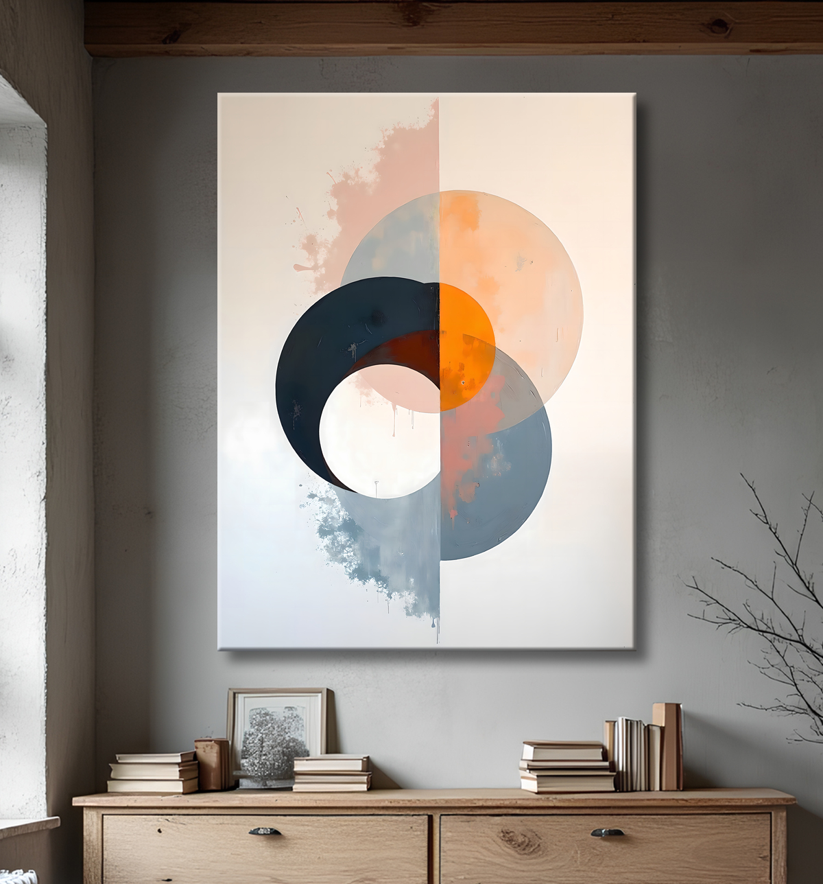 Tableau abstrait géométrique minimaliste aux teintes claires avec decor