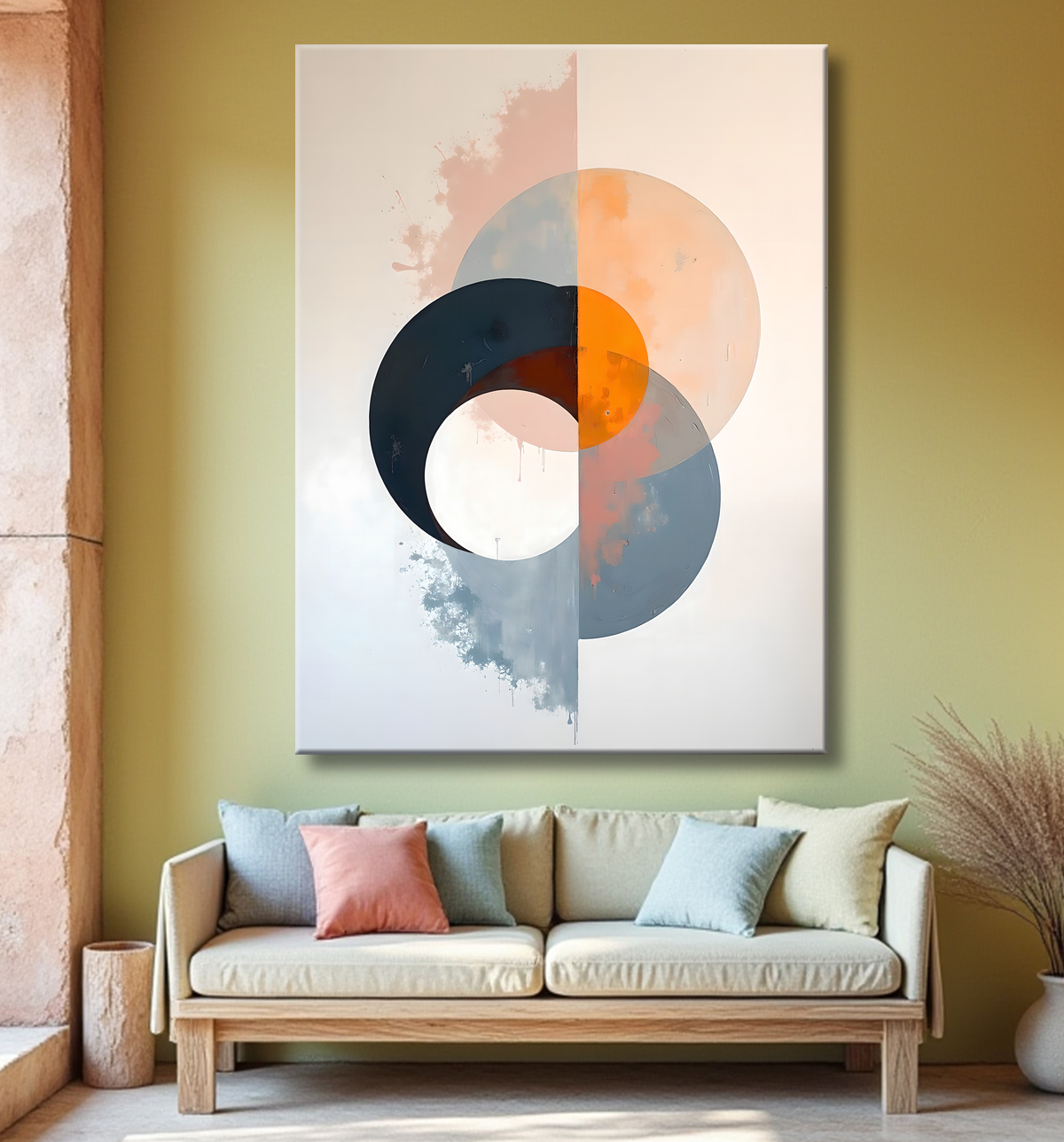 Tableau abstrait géométrique minimaliste aux teintes claires avec decor