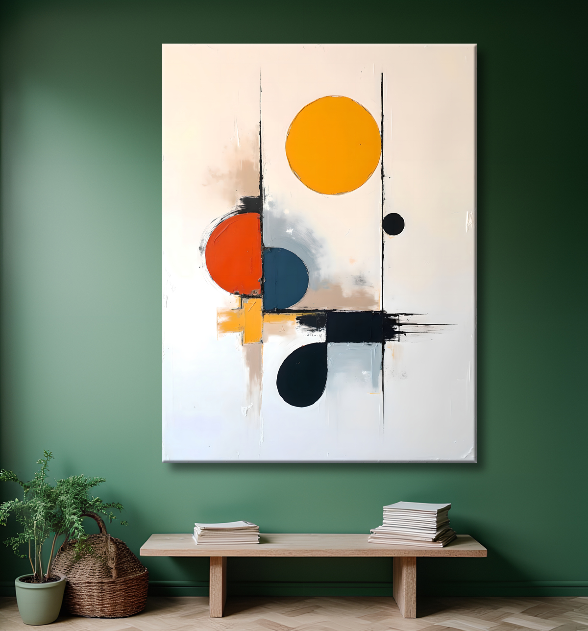 Tableau abstrait géométrique minimaliste aux teintes claires avec decor