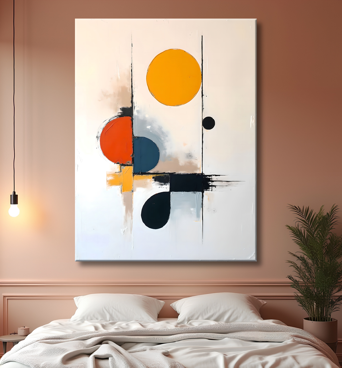 Tableau abstrait géométrique minimaliste aux teintes claires avec decor