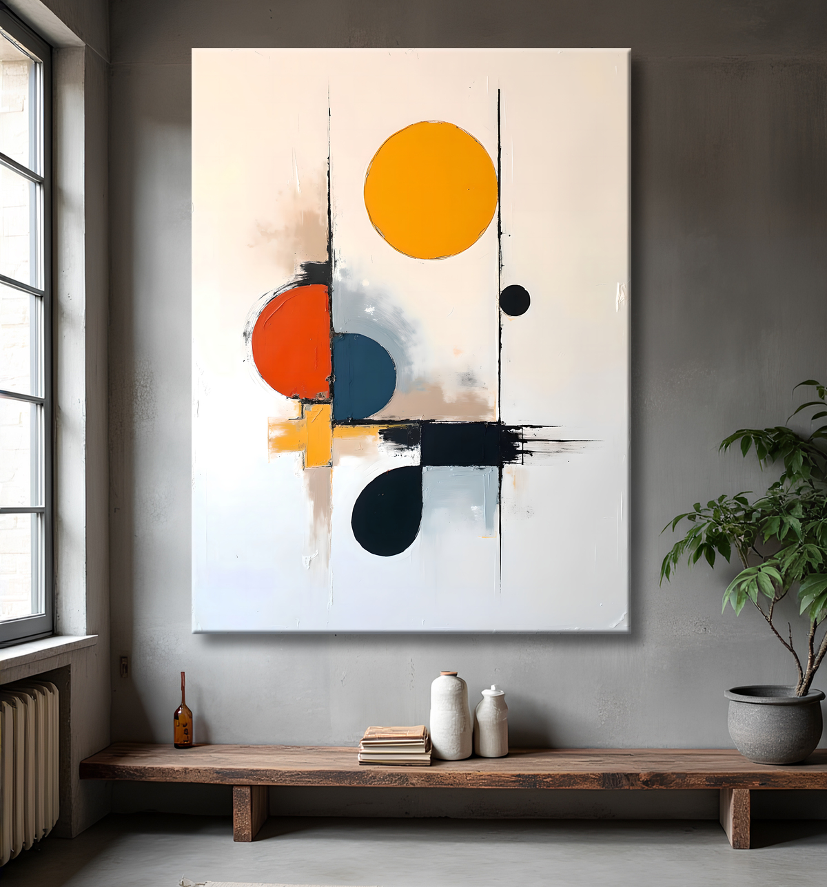 Tableau abstrait géométrique minimaliste aux teintes claires avec decor