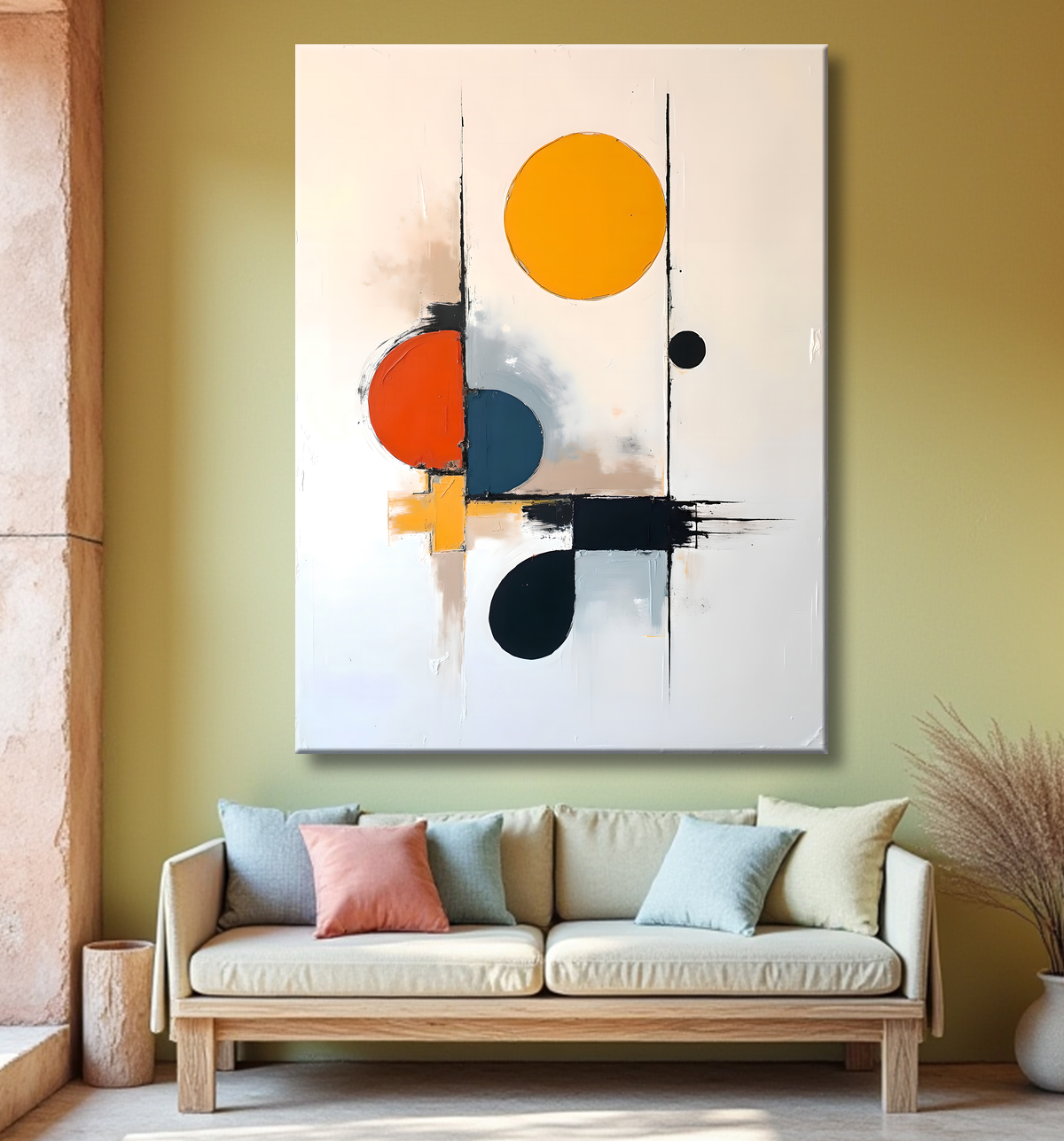 Tableau abstrait géométrique minimaliste aux teintes claires avec decor