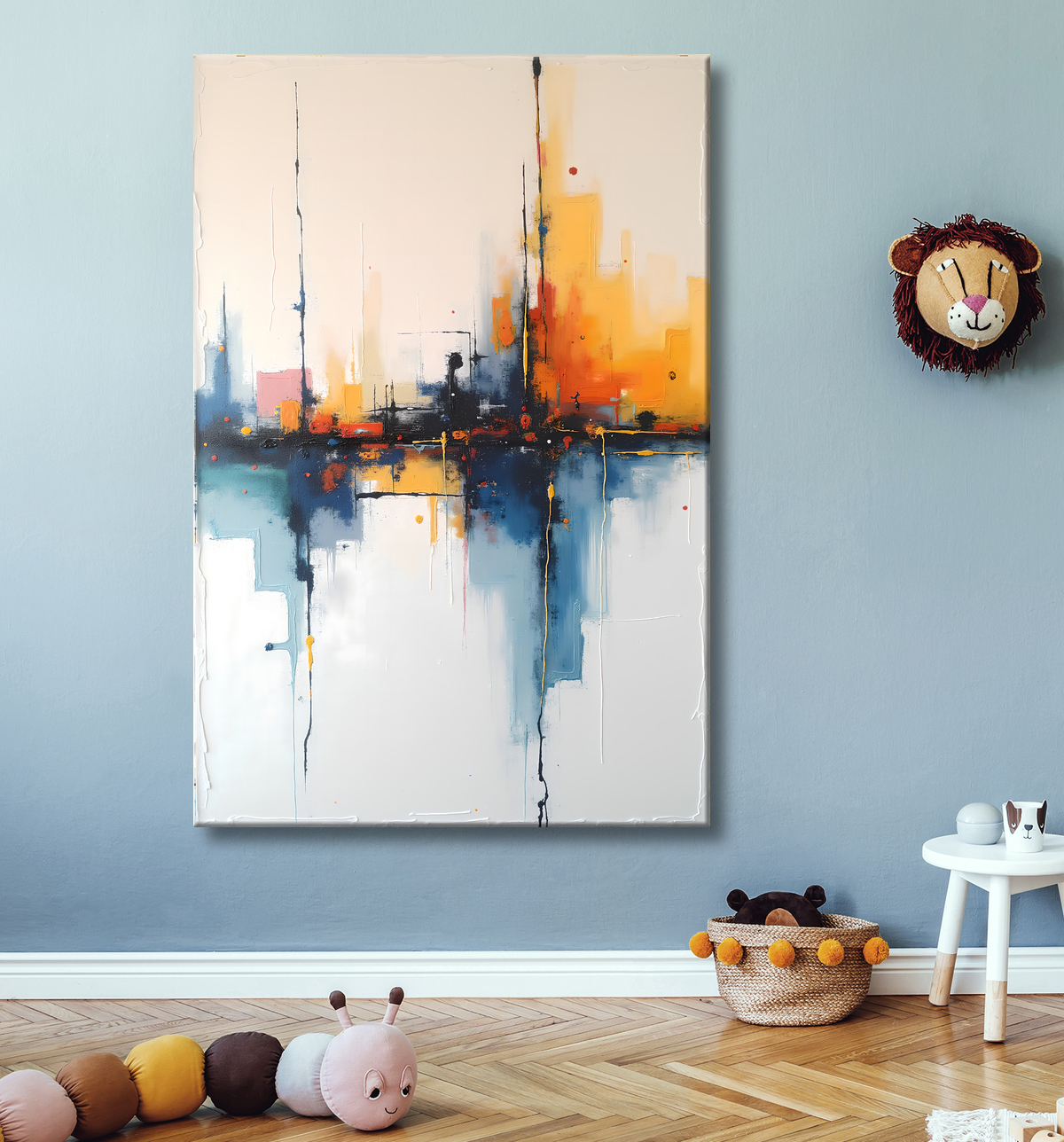 Tableau abstrait géométrique minimaliste aux teintes claires avec decor