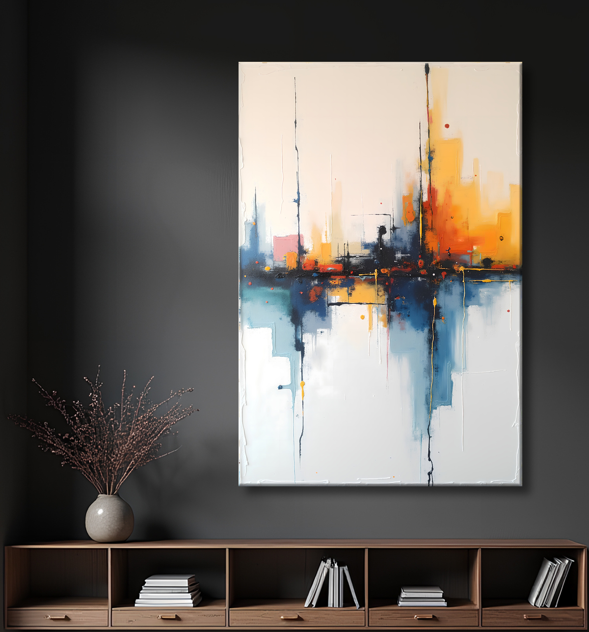 Tableau abstrait géométrique minimaliste aux teintes claires avec decor