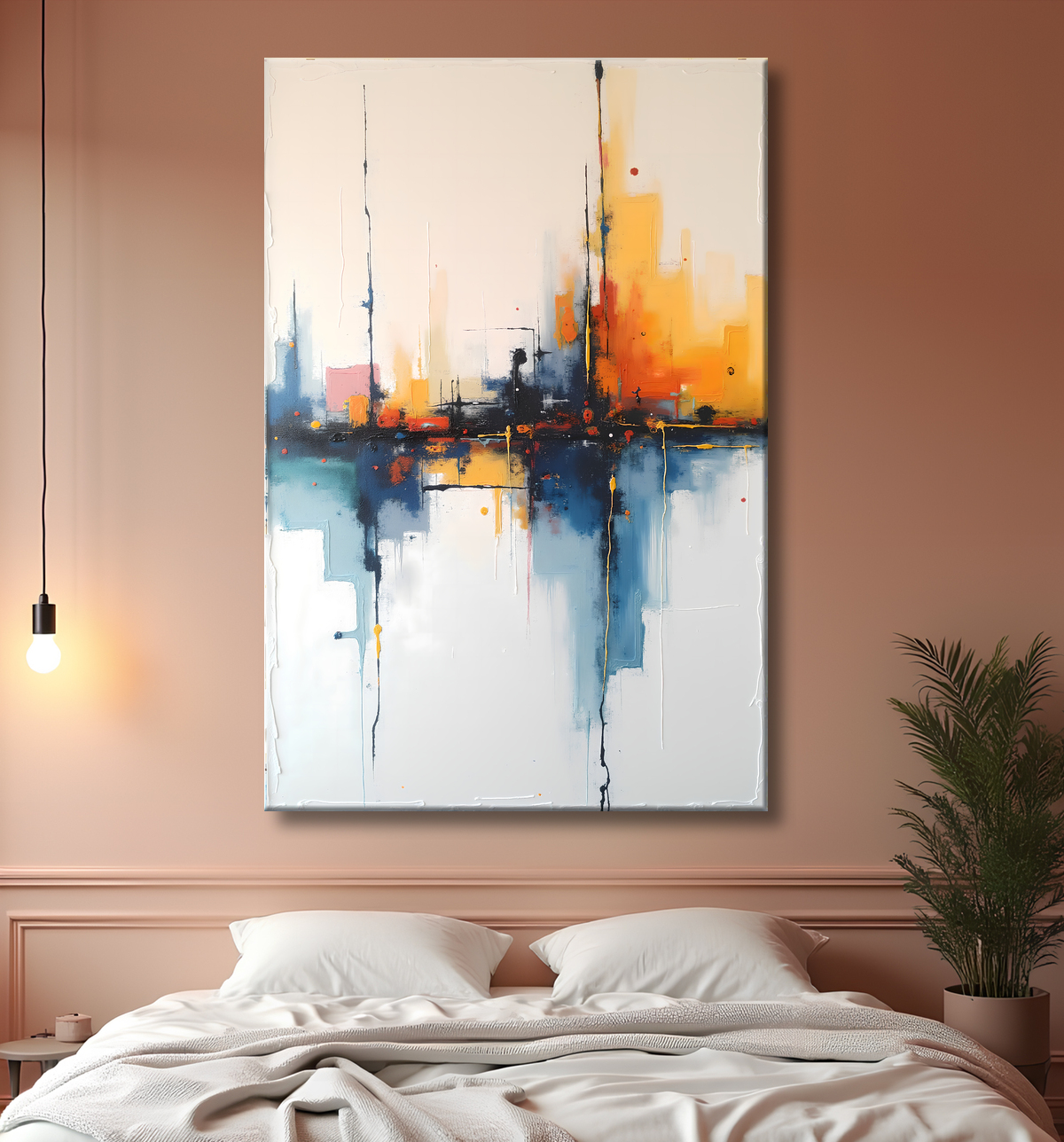 Tableau abstrait géométrique minimaliste aux teintes claires avec decor