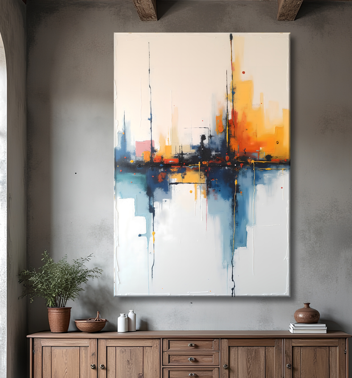 Tableau abstrait géométrique minimaliste aux teintes claires avec decor