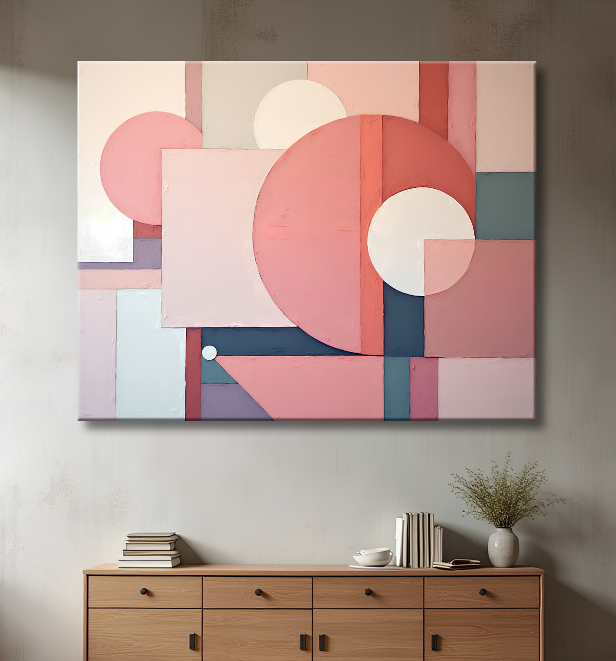 Tableau abstrait géométrique minimaliste aux teintes claires avec decor