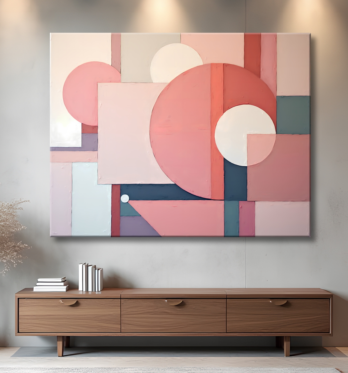 Tableau abstrait géométrique minimaliste aux teintes claires avec decor