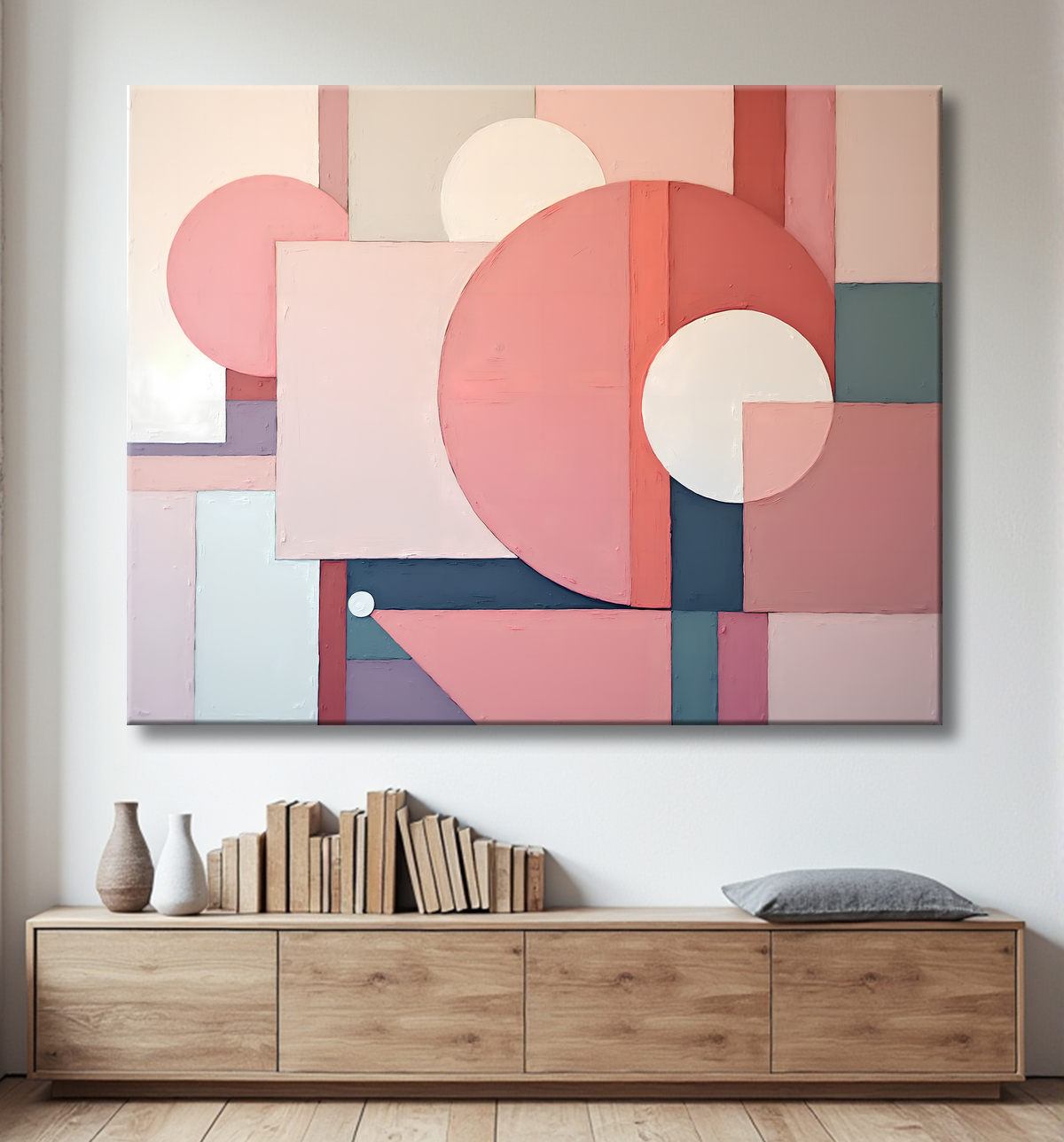 Tableau abstrait géométrique minimaliste aux teintes claires avec decor