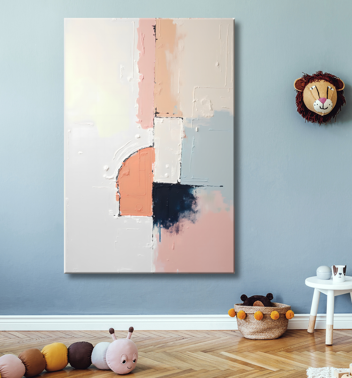 Tableau abstrait géométrique minimaliste aux teintes claires avec decor