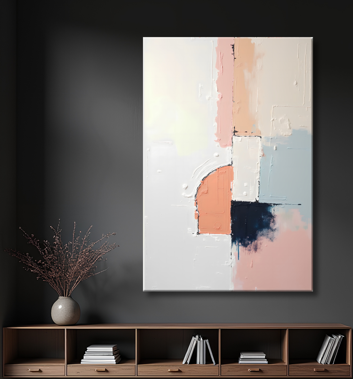 Tableau abstrait géométrique minimaliste aux teintes claires avec decor