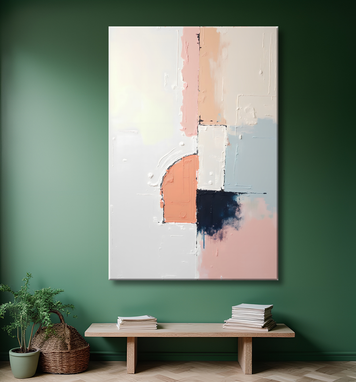 Tableau abstrait géométrique minimaliste aux teintes claires avec decor
