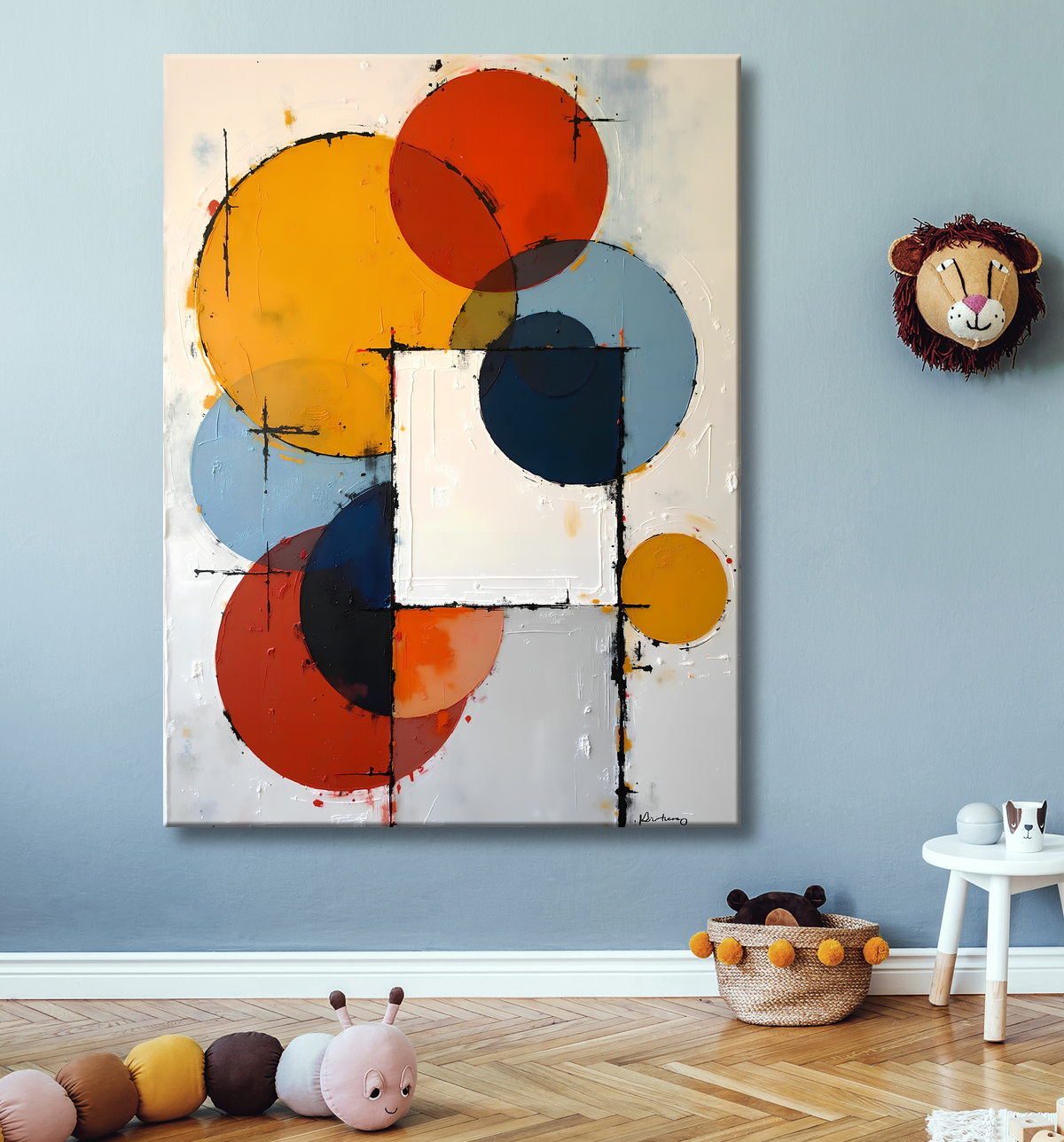 Tableau abstrait géométrique minimaliste aux teintes claires avec decor