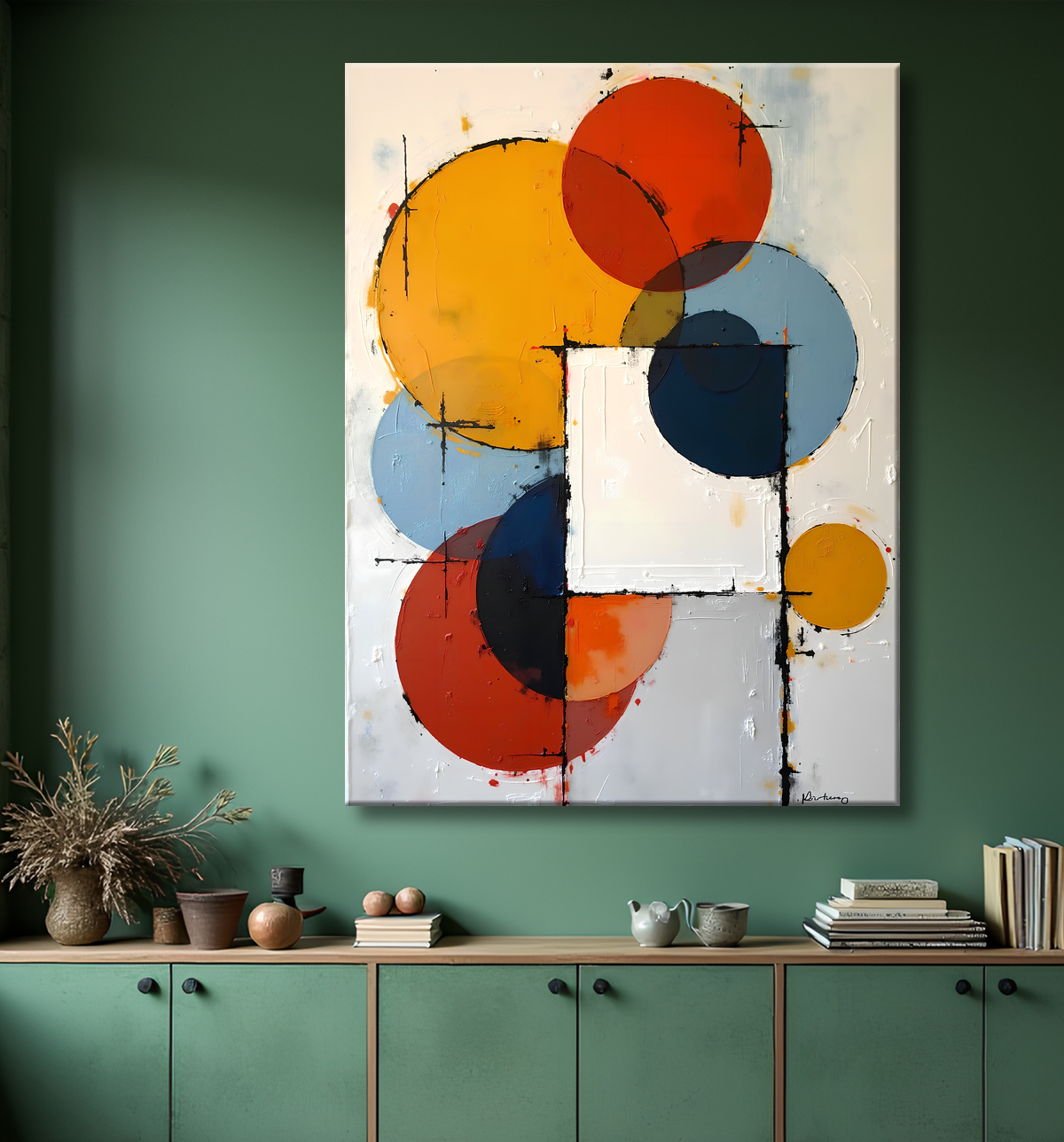 Tableau abstrait géométrique minimaliste aux teintes claires avec decor
