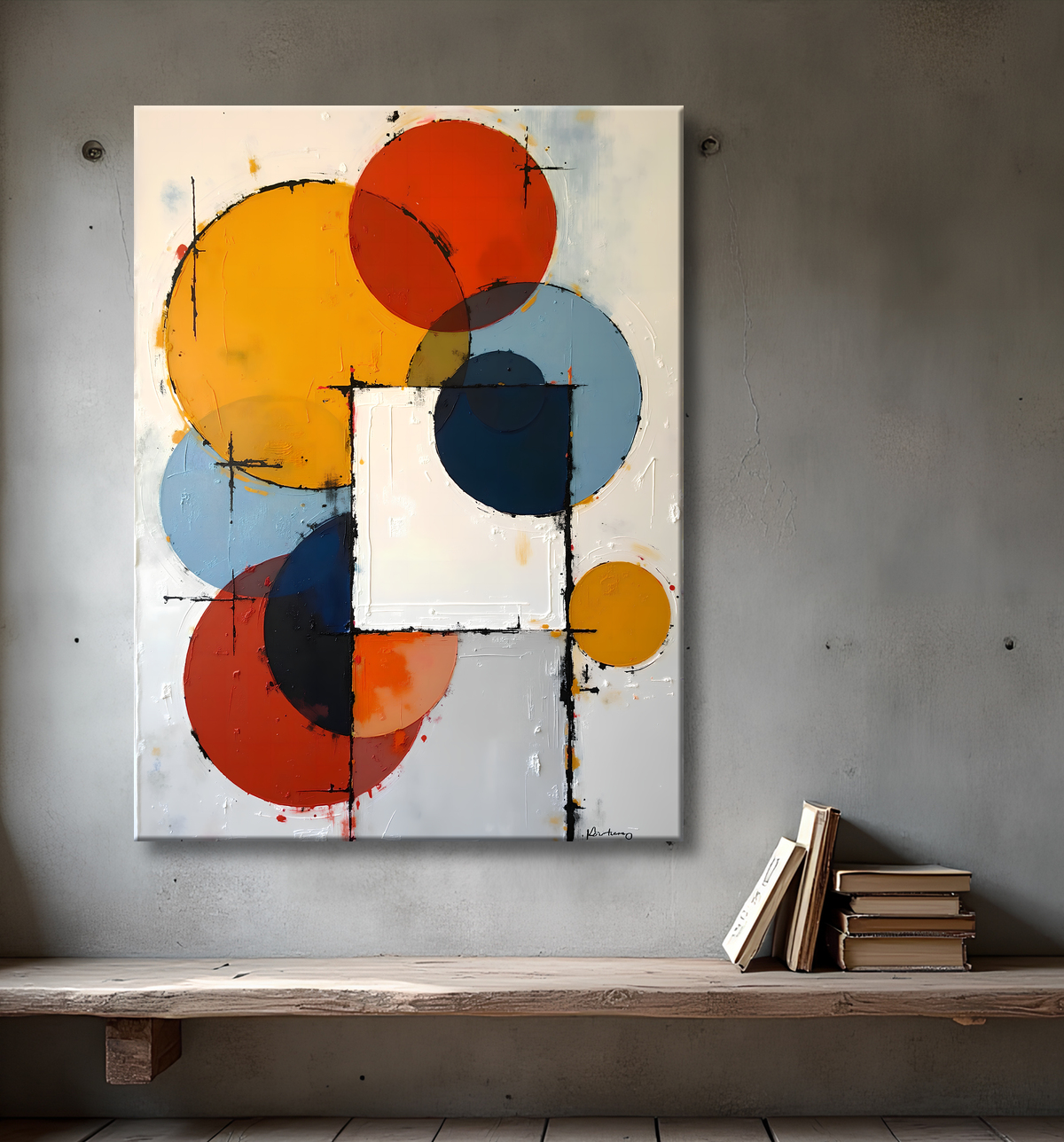 Tableau abstrait géométrique minimaliste aux teintes claires avec decor