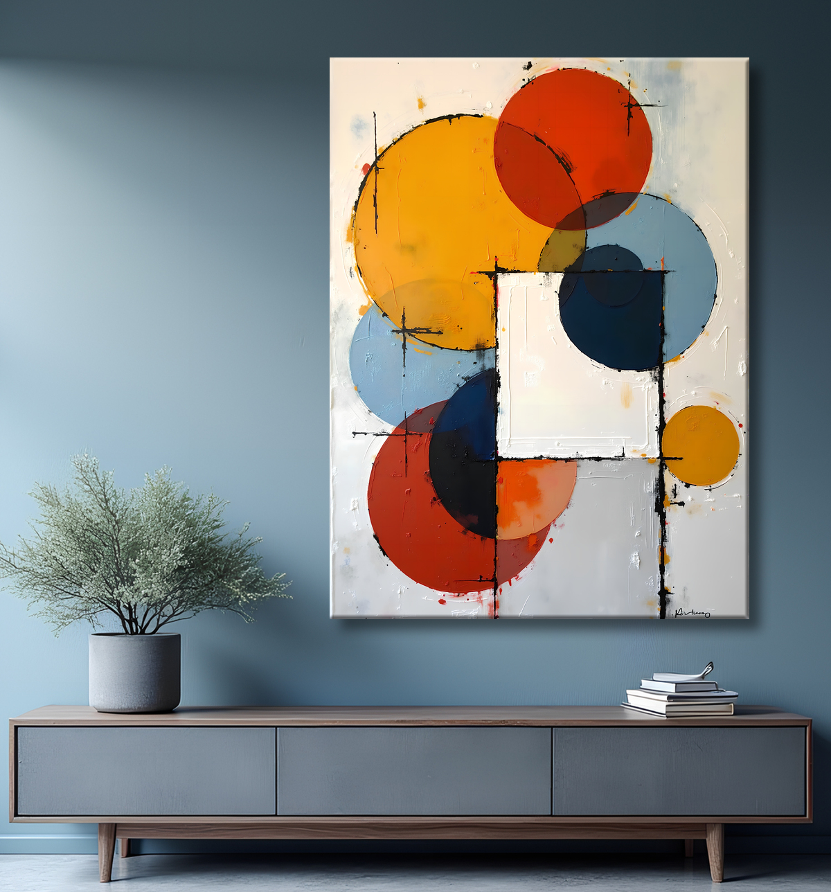 Tableau abstrait géométrique minimaliste aux teintes claires avec decor