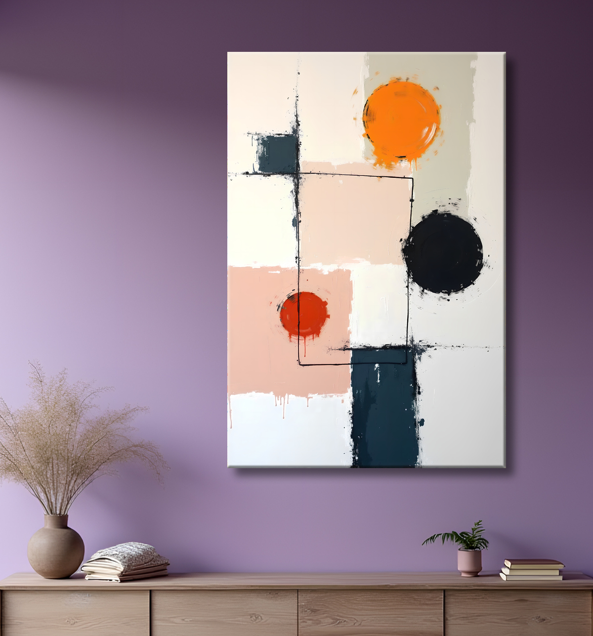 Tableau abstrait géométrique minimaliste aux teintes claires avec decor
