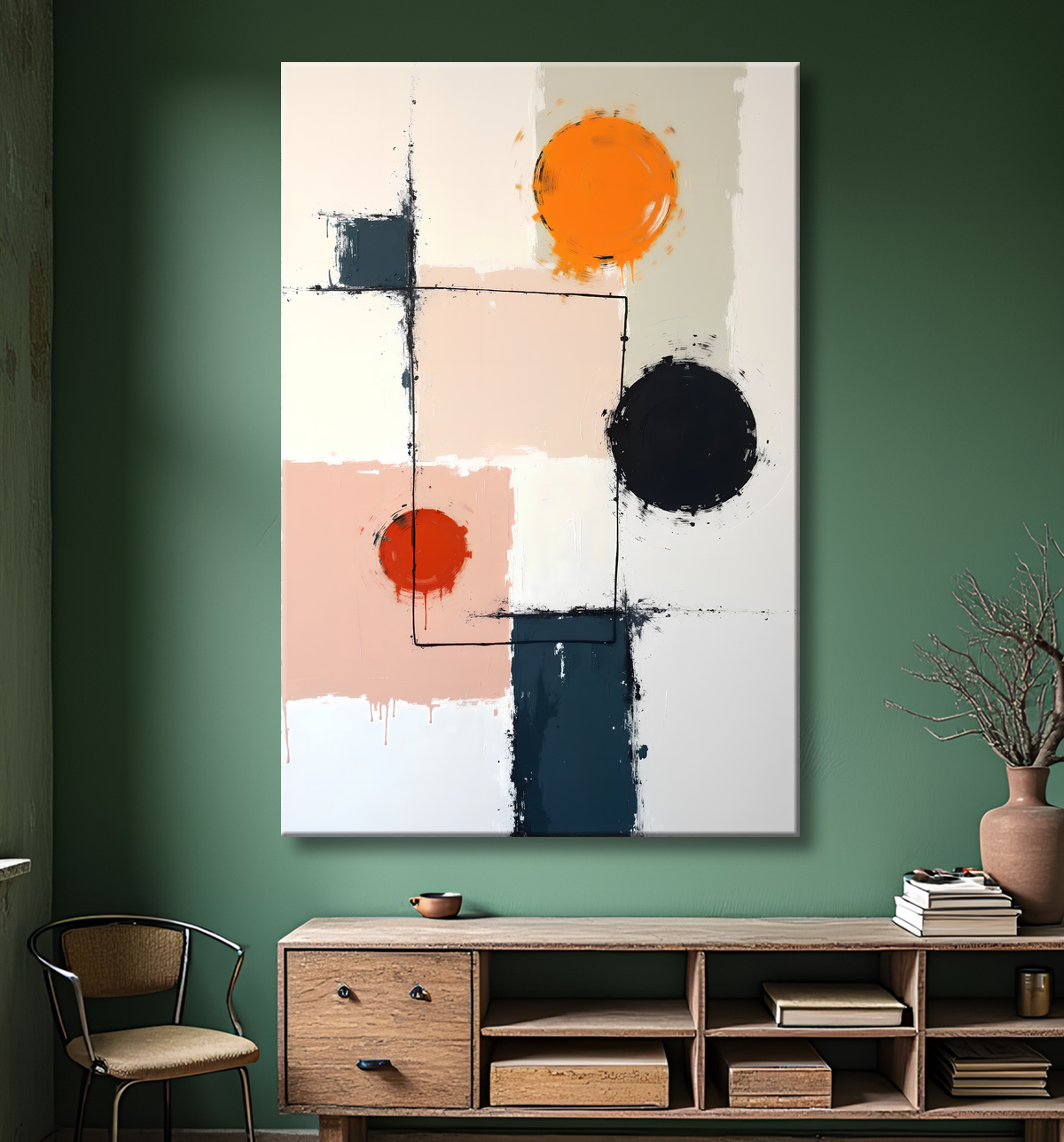 Tableau abstrait géométrique minimaliste aux teintes claires avec decor