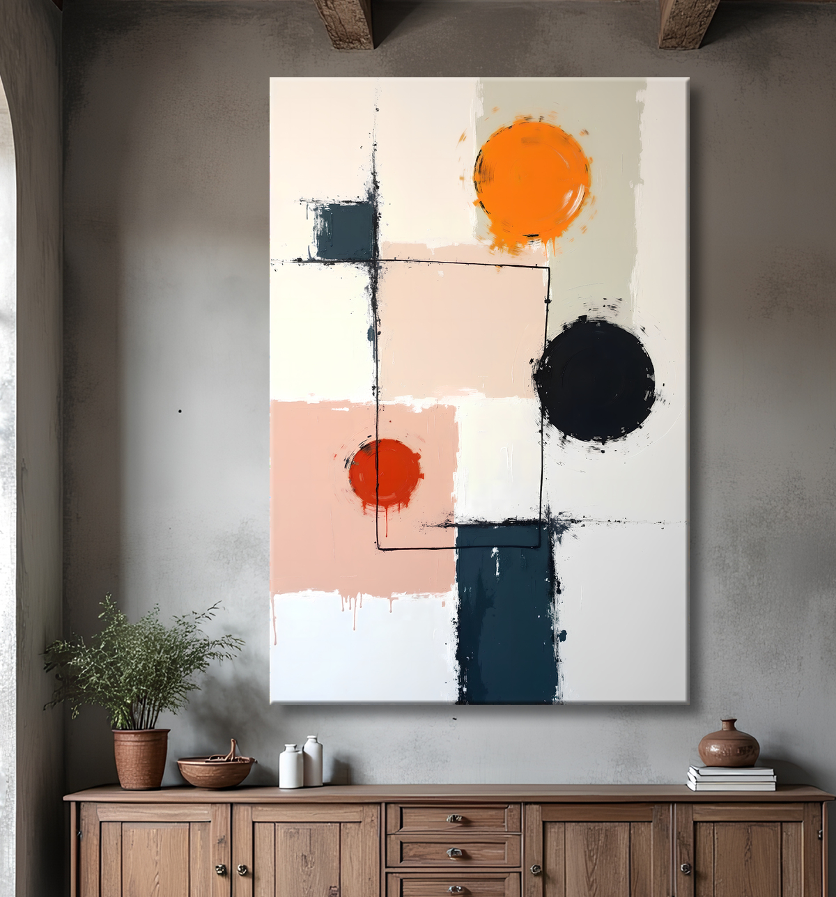Tableau abstrait géométrique minimaliste aux teintes claires avec decor