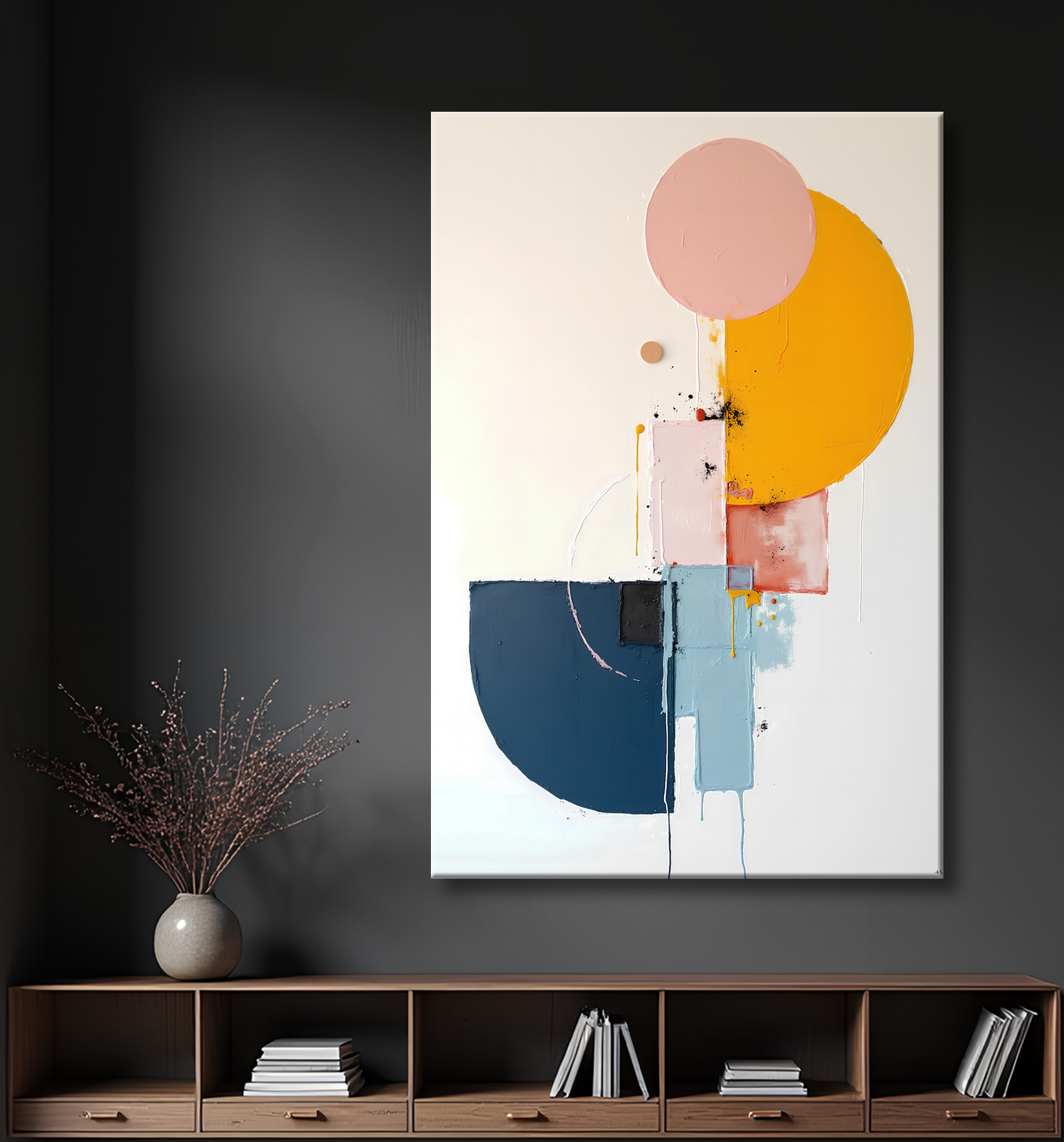 Tableau abstrait géométrique minimaliste aux teintes claires avec decor