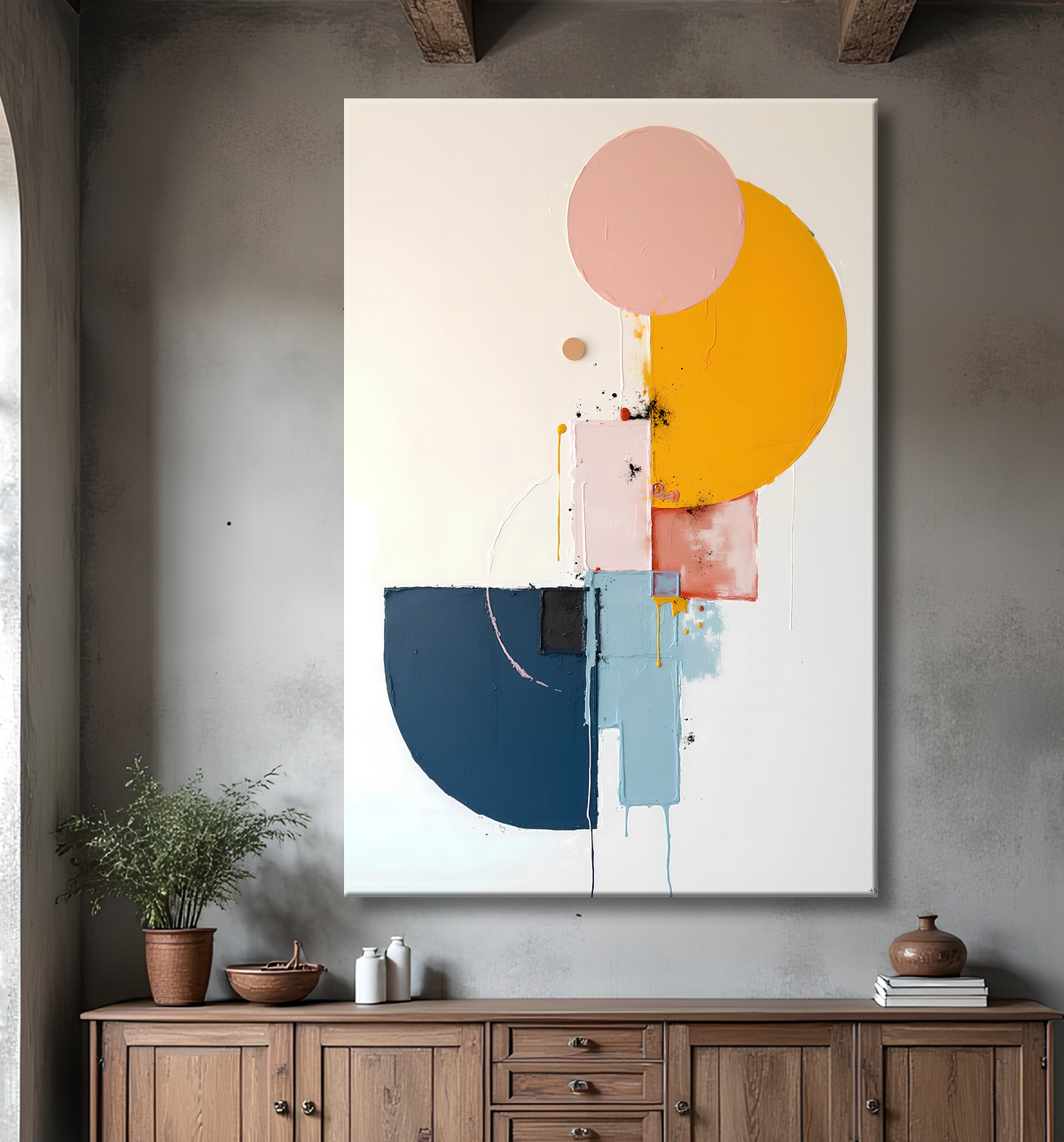 Tableau abstrait géométrique minimaliste aux teintes claires avec decor