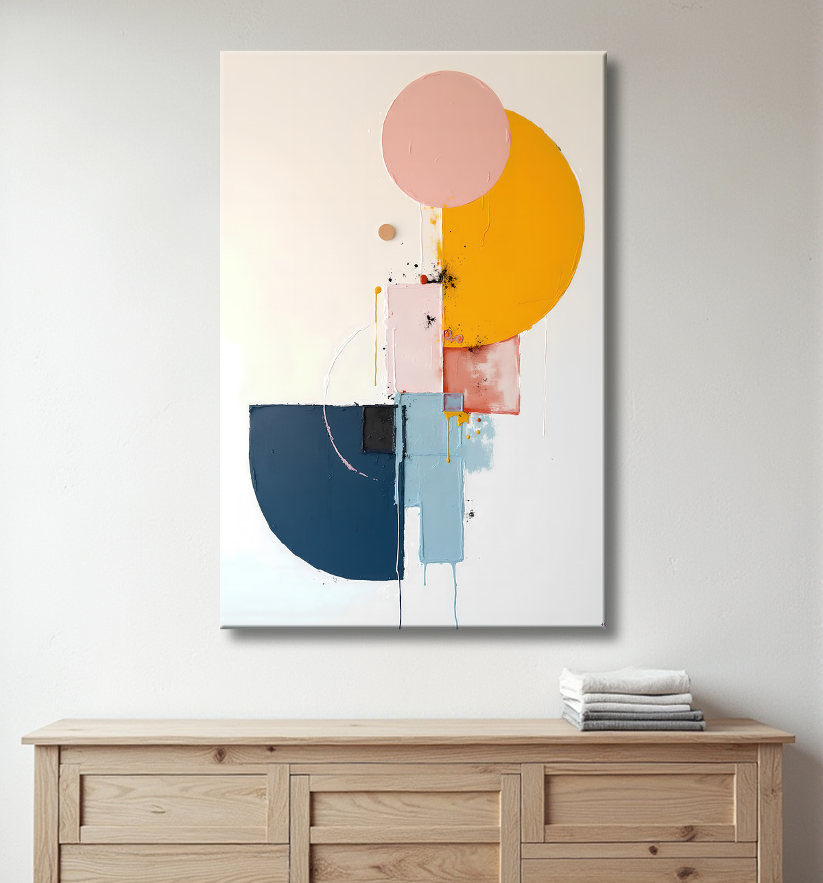 Tableau abstrait géométrique minimaliste aux teintes claires avec decor
