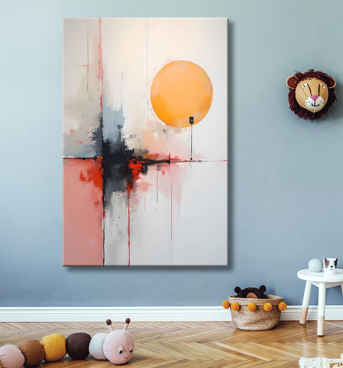 Tableau abstrait géométrique minimaliste aux teintes claires avec decor