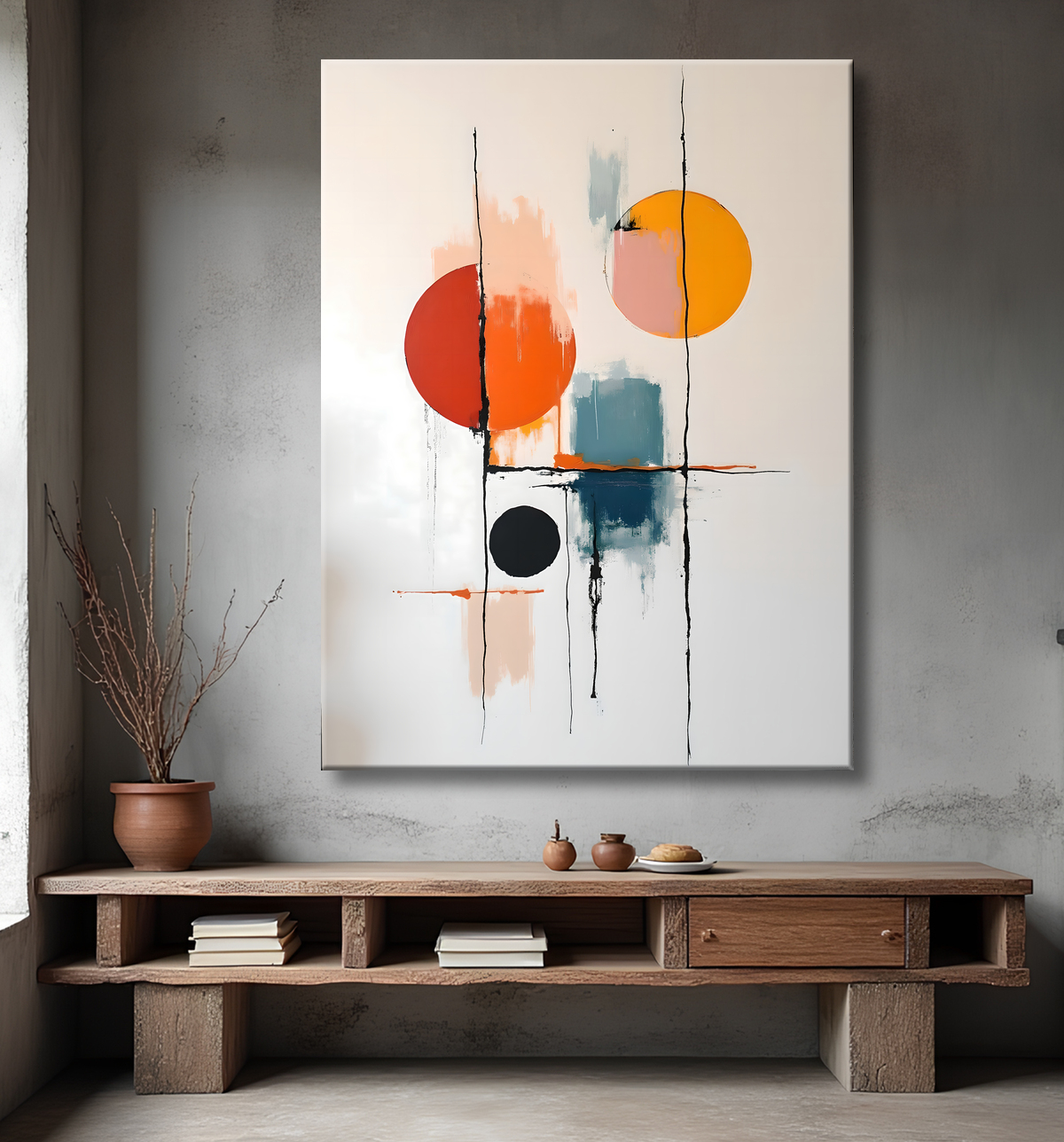 Tableau abstrait géométrique minimaliste aux teintes claires avec decor