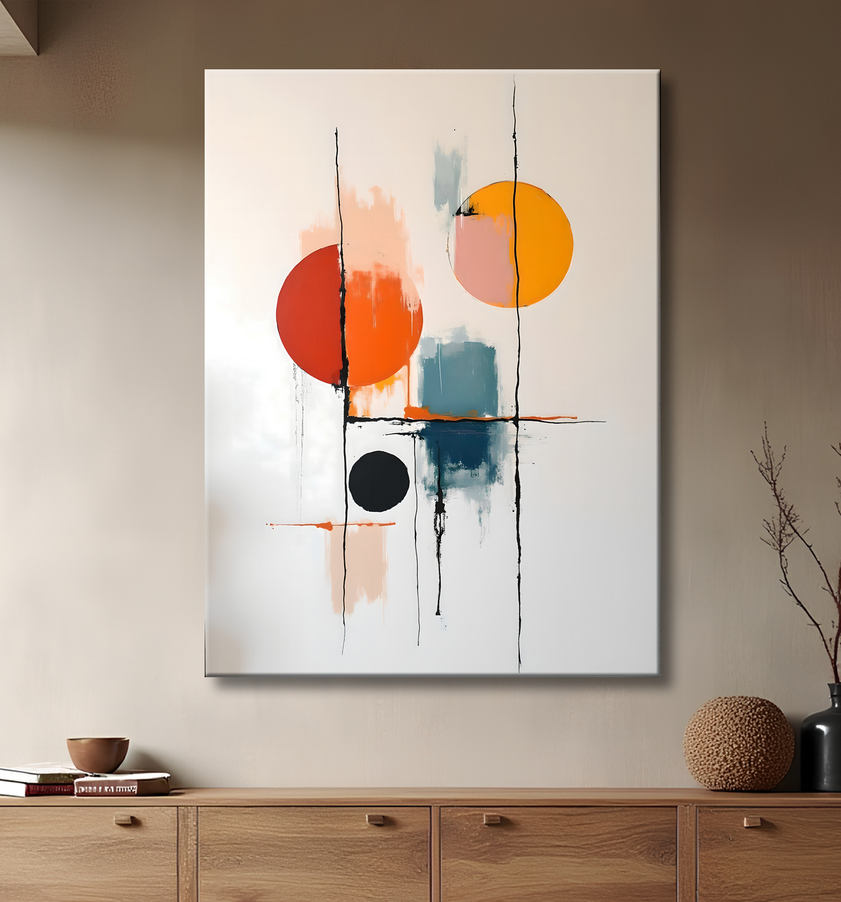 Tableau abstrait géométrique minimaliste aux teintes claires avec decor