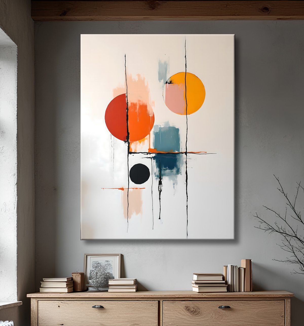 Tableau abstrait géométrique minimaliste aux teintes claires avec decor